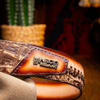 Man wearing Montana belt showcasing western style made with caiman and calfskin leather