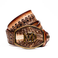 Close-up of Montana belt made of caiman crocodile and calfskin leather in stone brown color