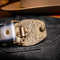 Close view of belt on model, focusing on hand-stitched leather center detail and gray color.