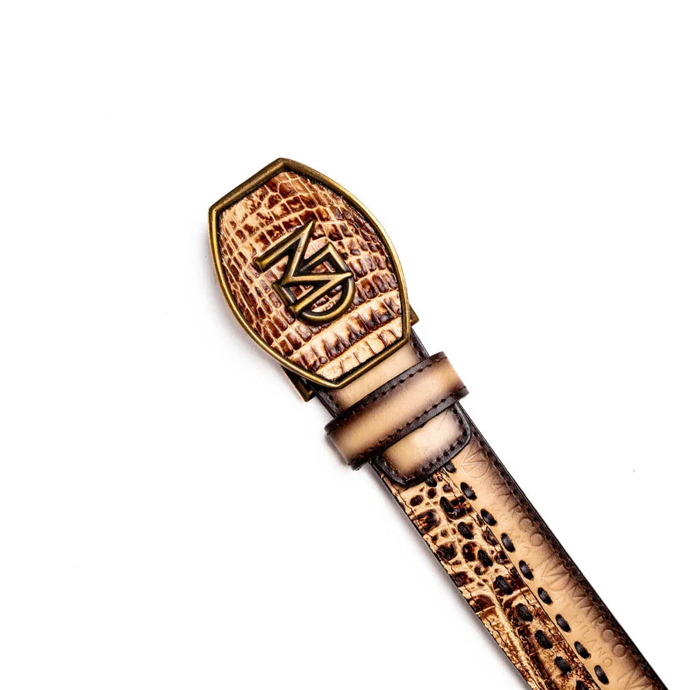 Top view of Montana Western belt showing textured leather and antique brass buckle.