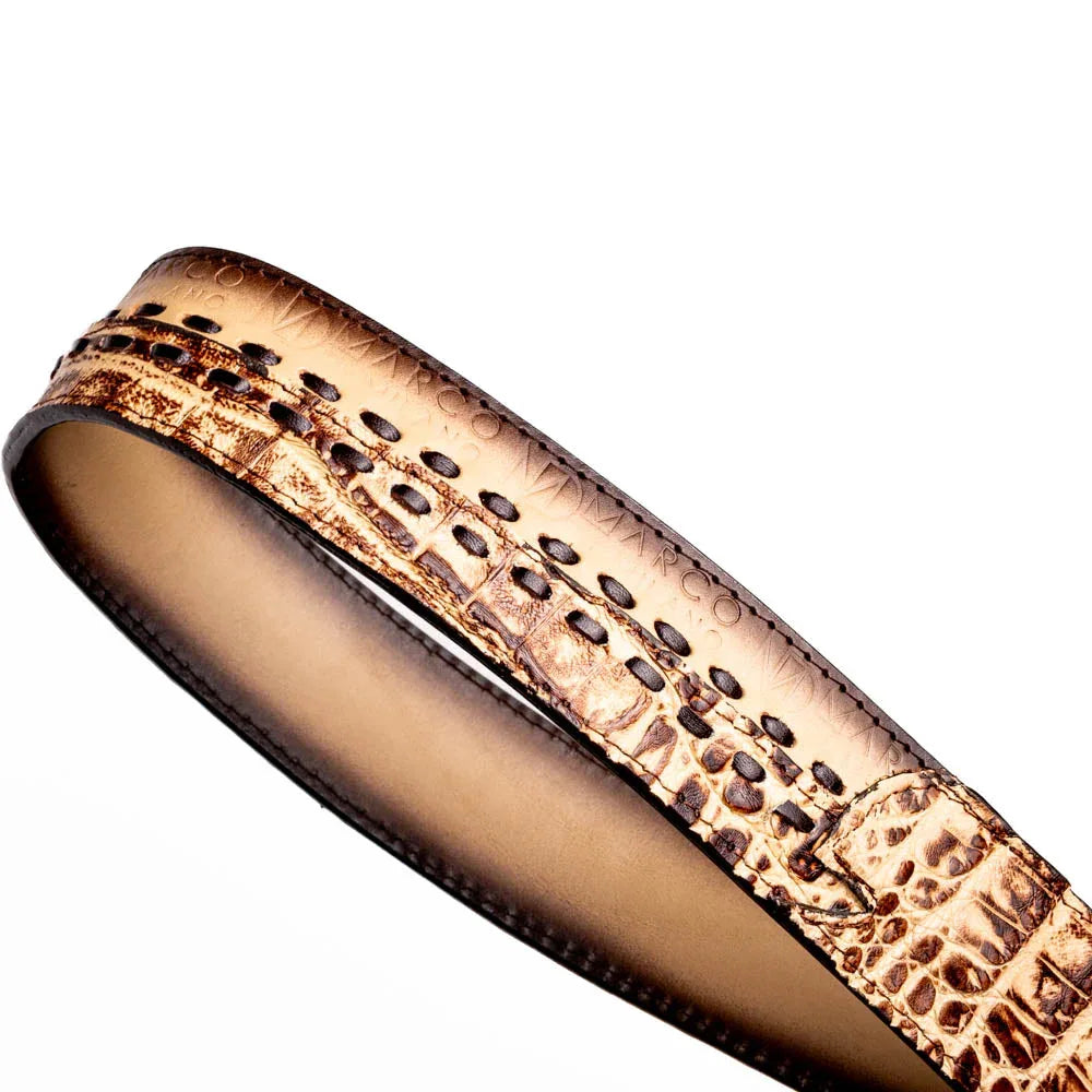 Montana leather belt laid flat showing combination of crocodile skin and full-grain calf leather.