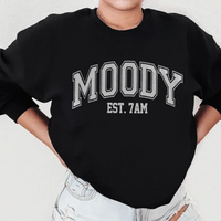 Close-up of black Moody Est. 7am sweatshirt with peachy Sunday t-shirt print in size small.