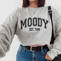 Sport grey Moody Est. 7am sweatshirt featuring peachy Sunday t-shirt artwork, size small.
