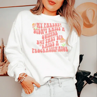 White sweatshirt featuring the phrase 'My Parents Didn't Raise A Quitter' in bold black text on the front.