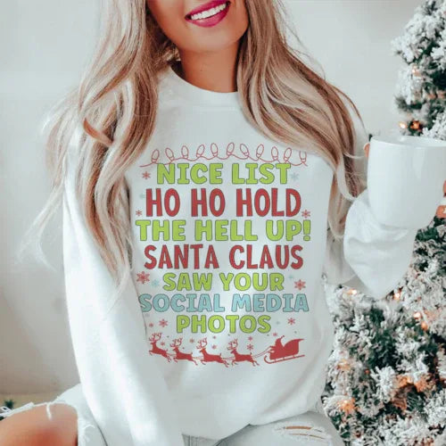 Close-up of white Nice List sweatshirt showing soft fabric texture and relaxed fit