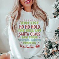 Close-up of white Nice List sweatshirt showing soft fabric texture and relaxed fit