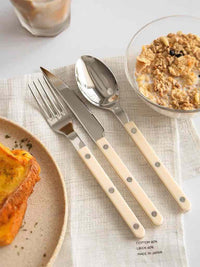 Close-up of stainless steel flatware pieces with smooth ivory-colored handles arranged on a light background.