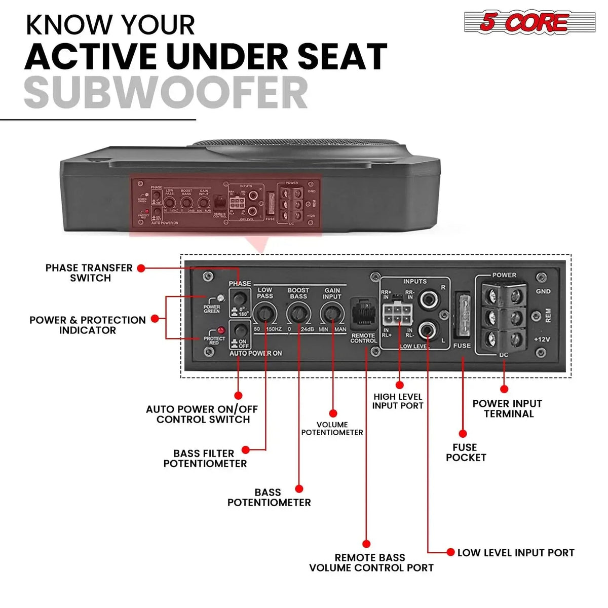 5Core 10 inch Slim Under Seat Car Audio Subwoofer 800W Built in - Snagva