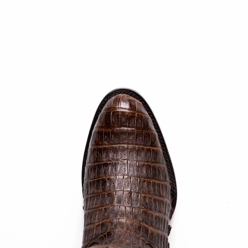 Close view of the vamp featuring genuine caiman belly skin on Phoenix Aged Brown boot.