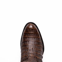 Close view of the vamp featuring genuine caiman belly skin on Phoenix Aged Brown boot.