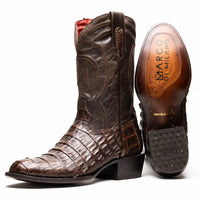 Close-up of Phoenix Aged Brown cowboy boot made with genuine caiman belly skin and round toe.