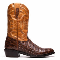 Front angle of Phoenix Aged Maple cowboy boot showing caiman belly skin vamp and leather shaft.