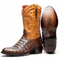 Side view of Phoenix Aged Maple caiman belly skin cowboy boot with round toe on wooden surface.