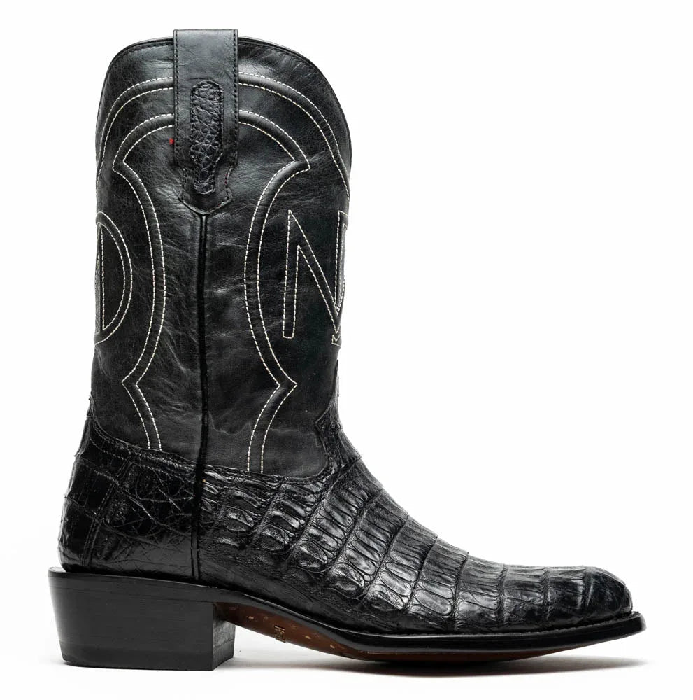 Side view of Phoenix Black boot showing smooth caiman skin vamp and leather shaft