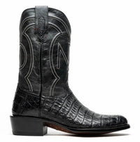 Side view of Phoenix Black boot showing smooth caiman skin vamp and leather shaft