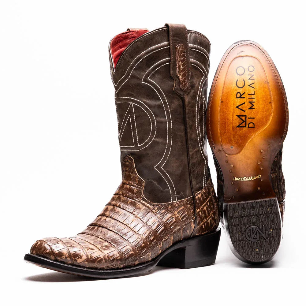 Side view of Phoenix Stone Brown cowboy boot showing genuine caiman belly skin texture and round toe.