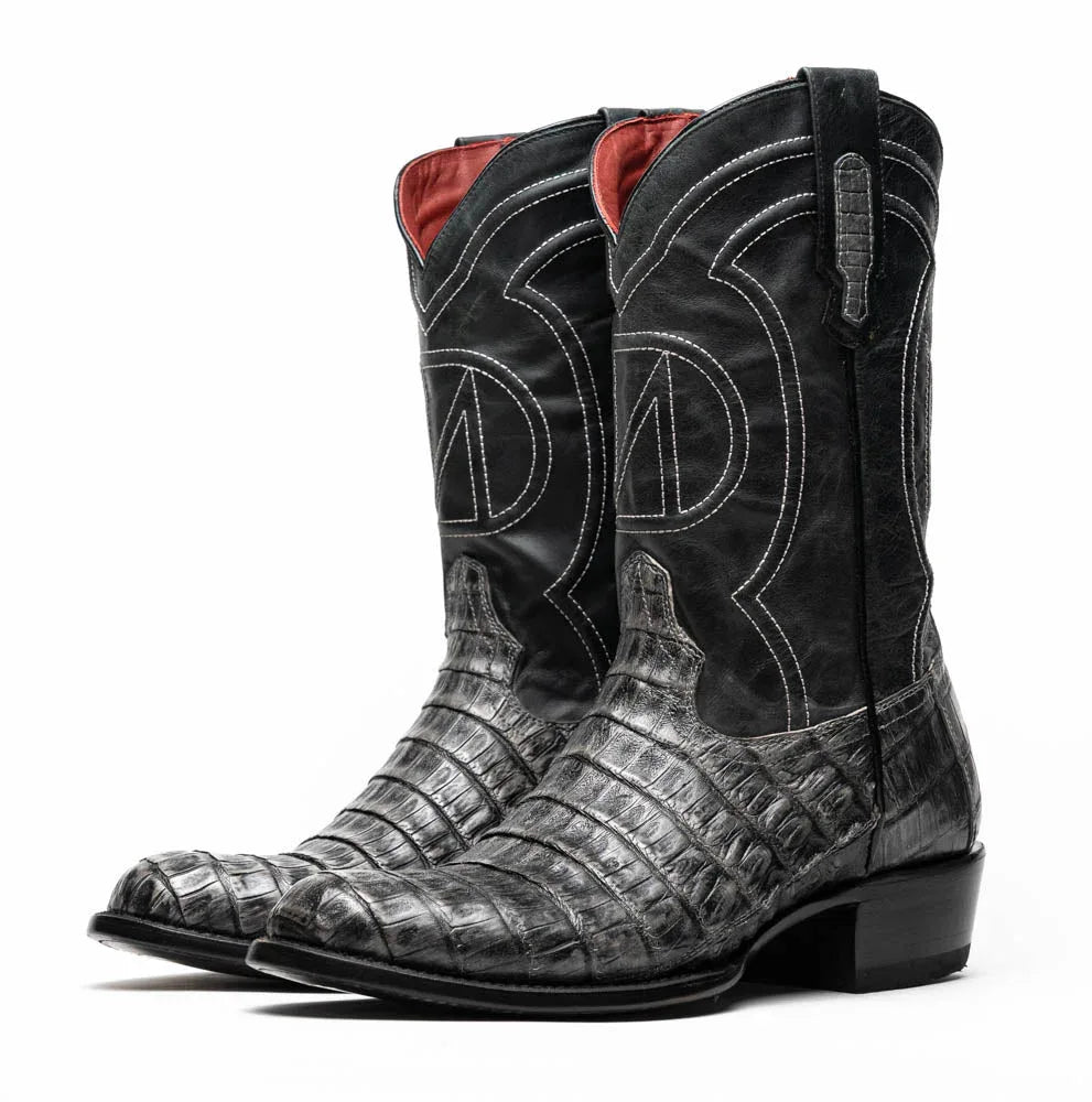 Top view of Phoenix Stone Gray cowboy boot highlighting the smooth belly-scale pattern on the leather.