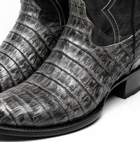 Detailed close-up of Phoenix Stone Gray cowboy boot heel and leather shaft with subtle texture.