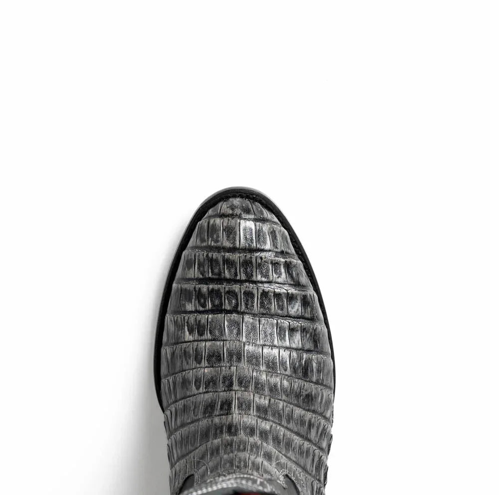 Front angle of Phoenix Stone Gray cowboy boot showcasing polished finish and Western design.