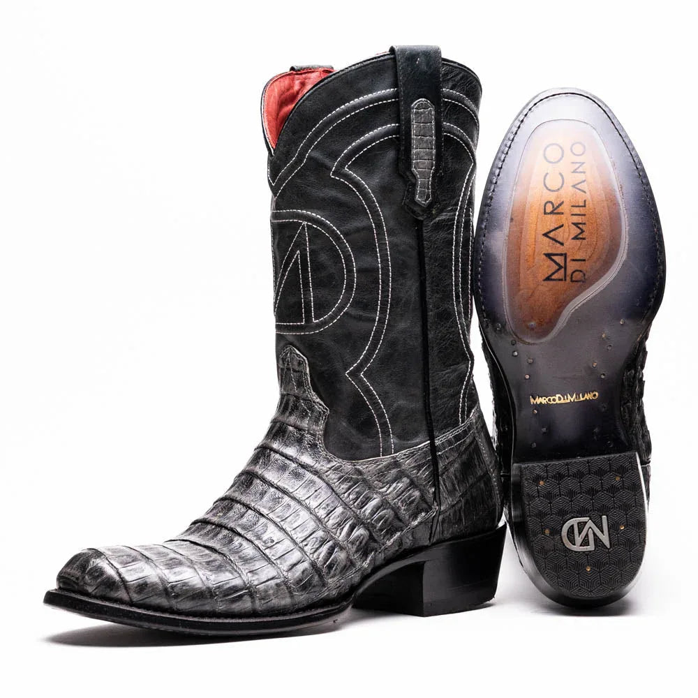 Close-up side view of Phoenix Stone Gray cowboy boot made with genuine caiman belly skin and full-grain leather.