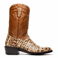 Side view of Phoenix Stone Orix cowboy boot highlighting textured caiman belly skin and leather shaft
