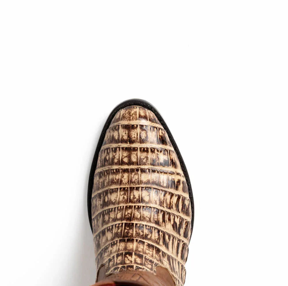 Close-up of stitching and natural texture on Phoenix Stone Orix caiman belly skin cowboy boot