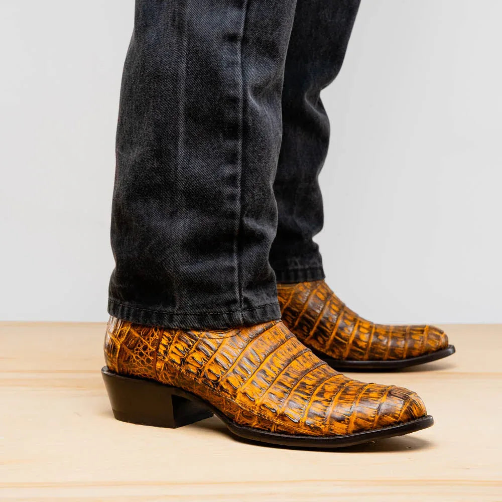 Close-up of mustard brown Phoenix caiman cowboy boot on foot showing round toe and texture.