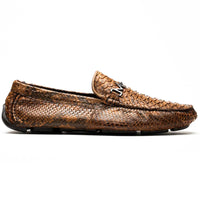 Side view of Pia Cognac python skin driver shoe highlighting exotic scale pattern.