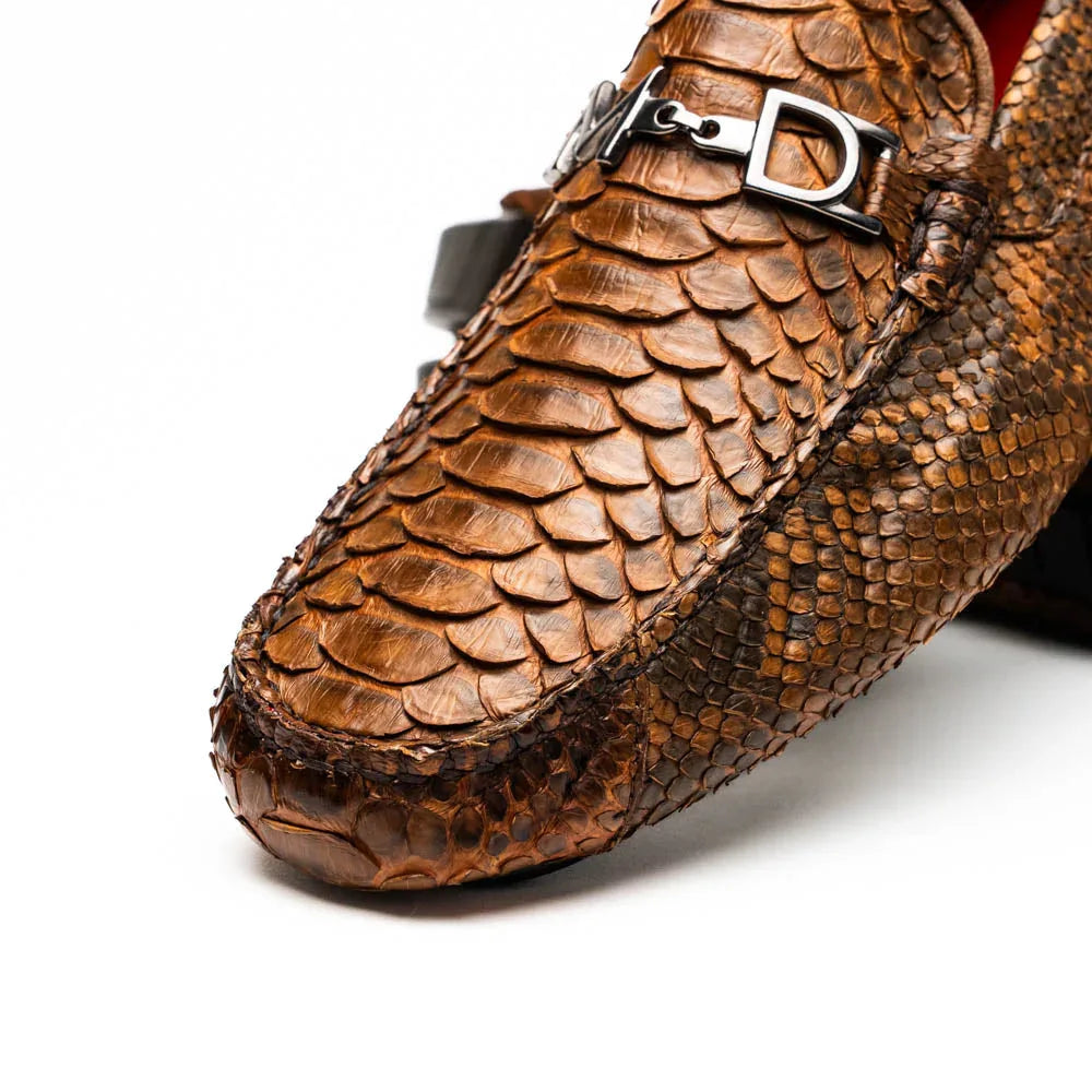 Top view of Pia Cognac python leather driver shoe emphasizing soft, smooth finish.