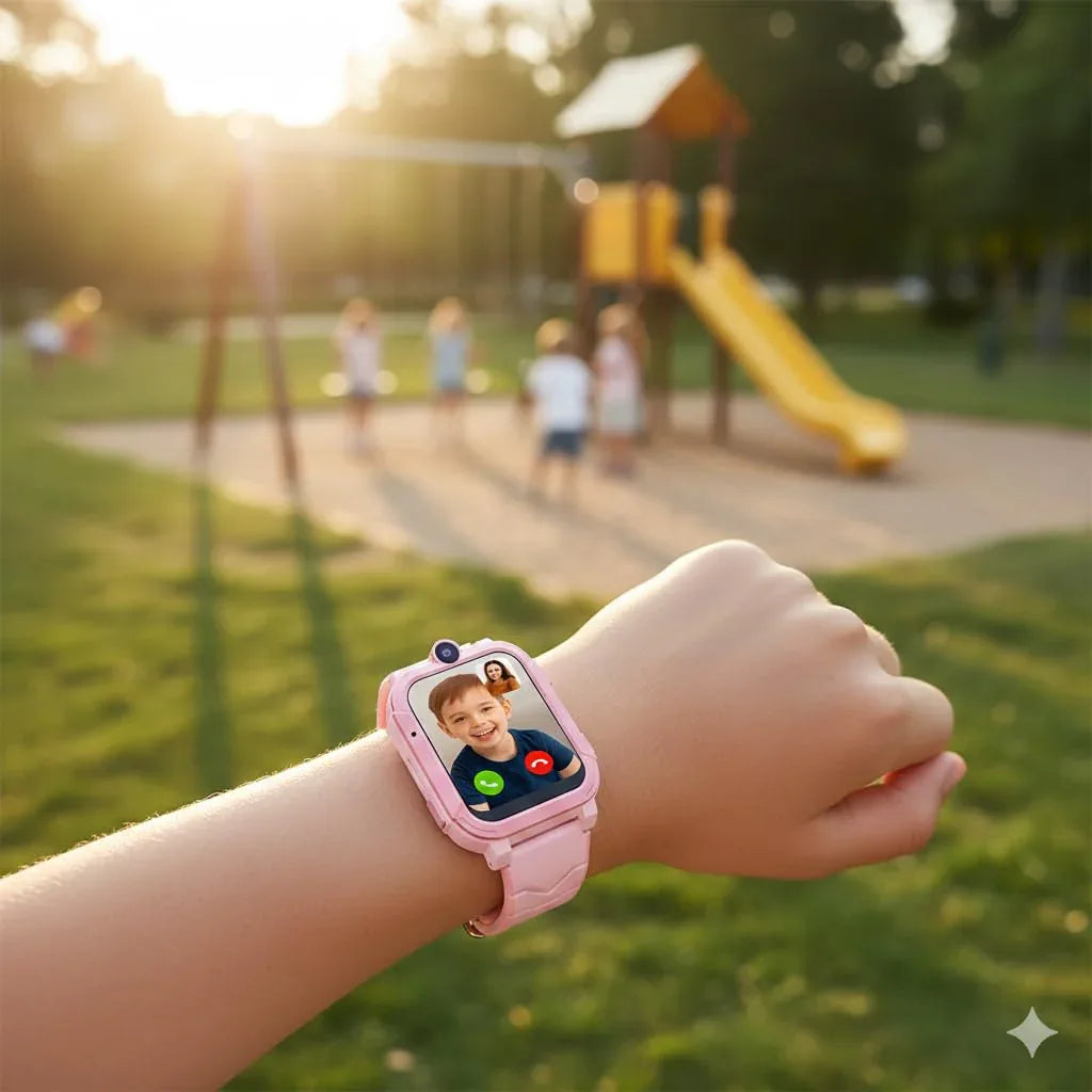 Pink 4G Android kids smartwatch featuring a full touch screen with colorful icons.
