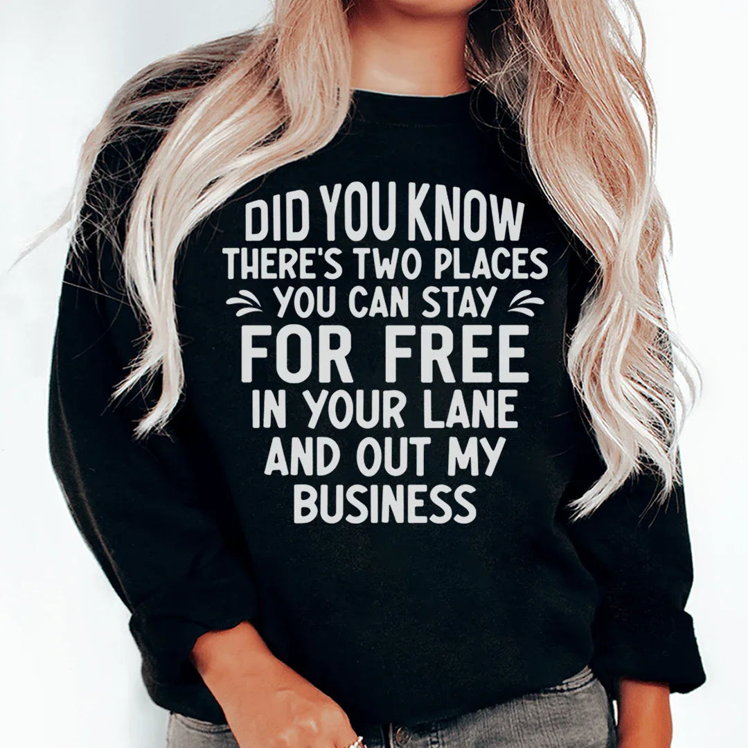 Black sweatshirt with 'Places You Can Stay For Free' text design, cozy fleece fabric, small size.