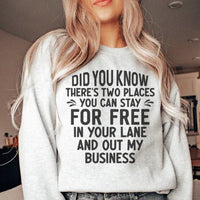 Sport grey sweatshirt featuring 'Places You Can Stay For Free' text design, soft fleece material, small size.