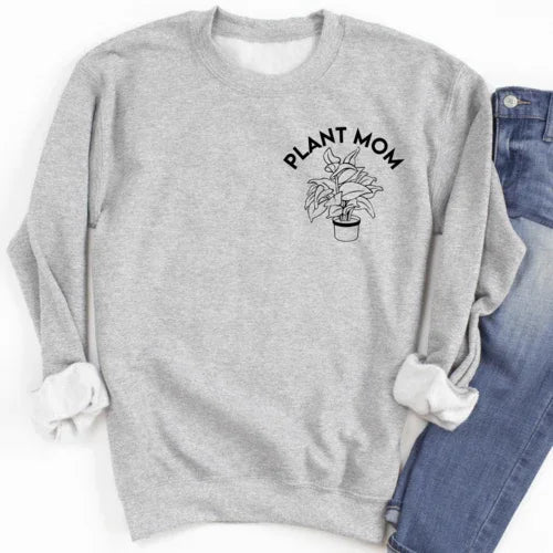 Close-up of sport grey Plant Mom sweatshirt showing soft fleece texture