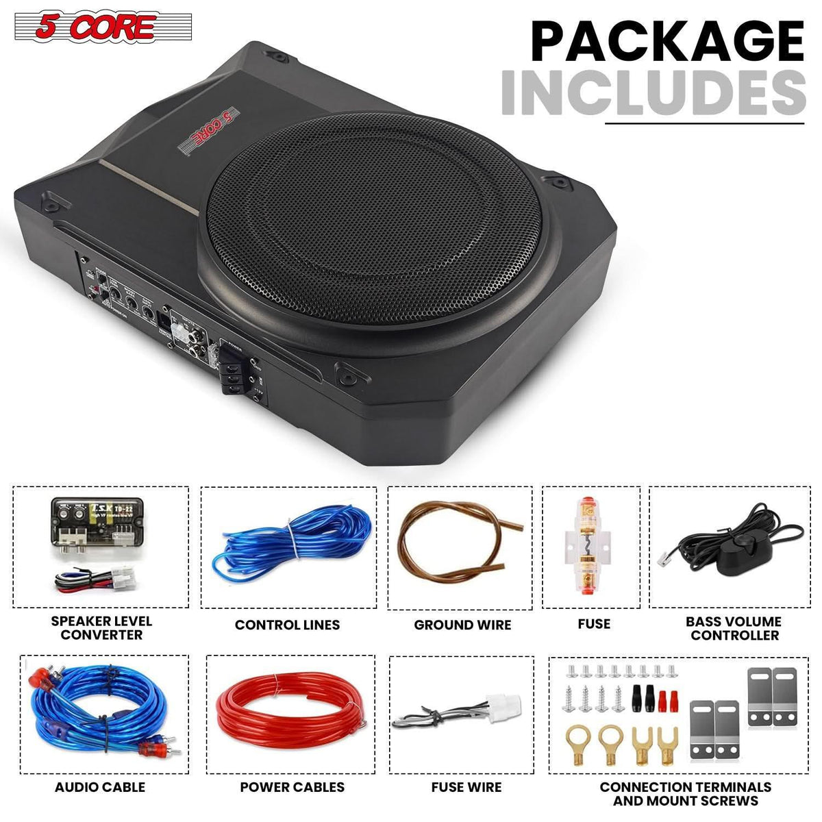 5Core 10 inch Slim Under Seat Car Audio Subwoofer 800W Built in - Snagva