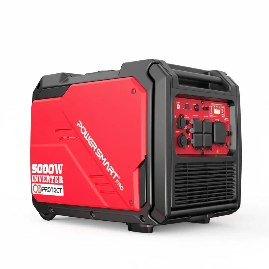Graphic illustration of a 5000W inverter generator with output power details and features