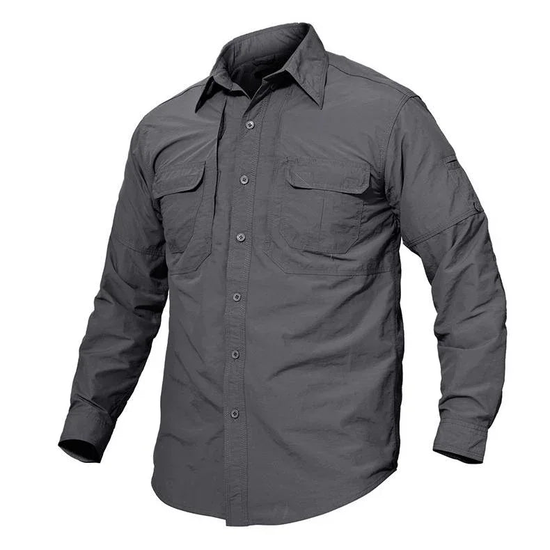 Close-up of olive green lightweight nylon tactical shirt showing front chest pockets and fabric texture.