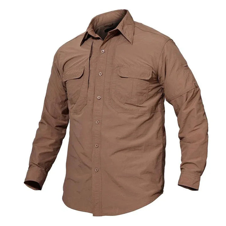 Men's tactical airsoft shirt in khaki color with long sleeves and turn-down collar on white background.