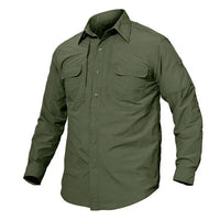 Man wearing army green tactical long sleeve shirt in outdoor urban setting.