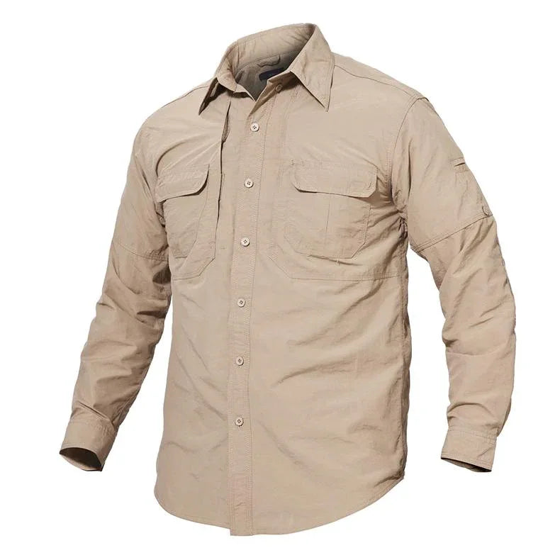 Black quick-drying military style shirt with single-breasted front and full sleeves laid flat.