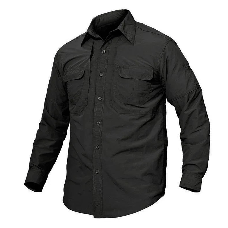 Side profile view of khaki tactical airsoft shirt highlighting sleeve detail and fit.
