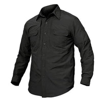 Side profile view of khaki tactical airsoft shirt highlighting sleeve detail and fit.