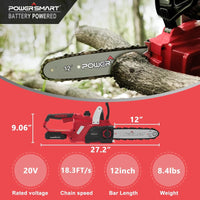 Close-up of cordless chainsaw bar and chain showing sharp teeth and safety guard.