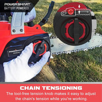 Cordless chainsaw with battery and charger displayed on a white background.