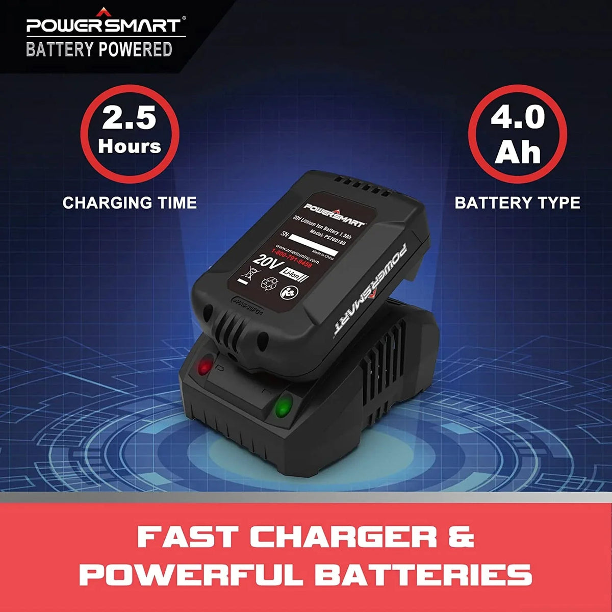 Battery and fast charger for cordless chainsaw set side by side.