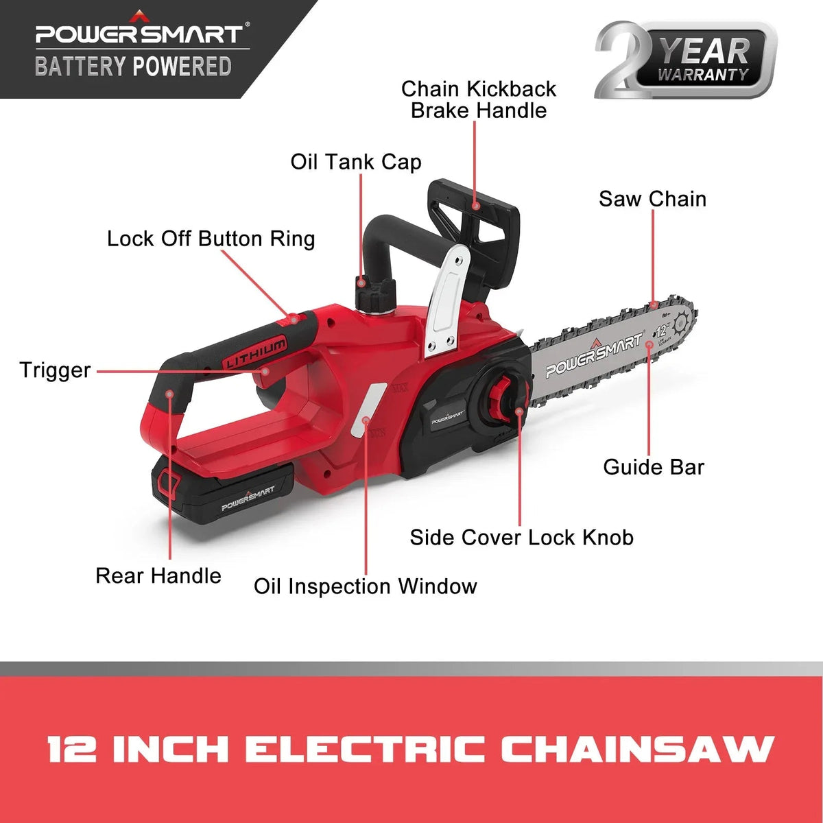 User holding cordless chainsaw mid-cut with greenery background.