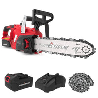 20V 12-inch cordless chainsaw with black and orange body, placed on wooden surface.