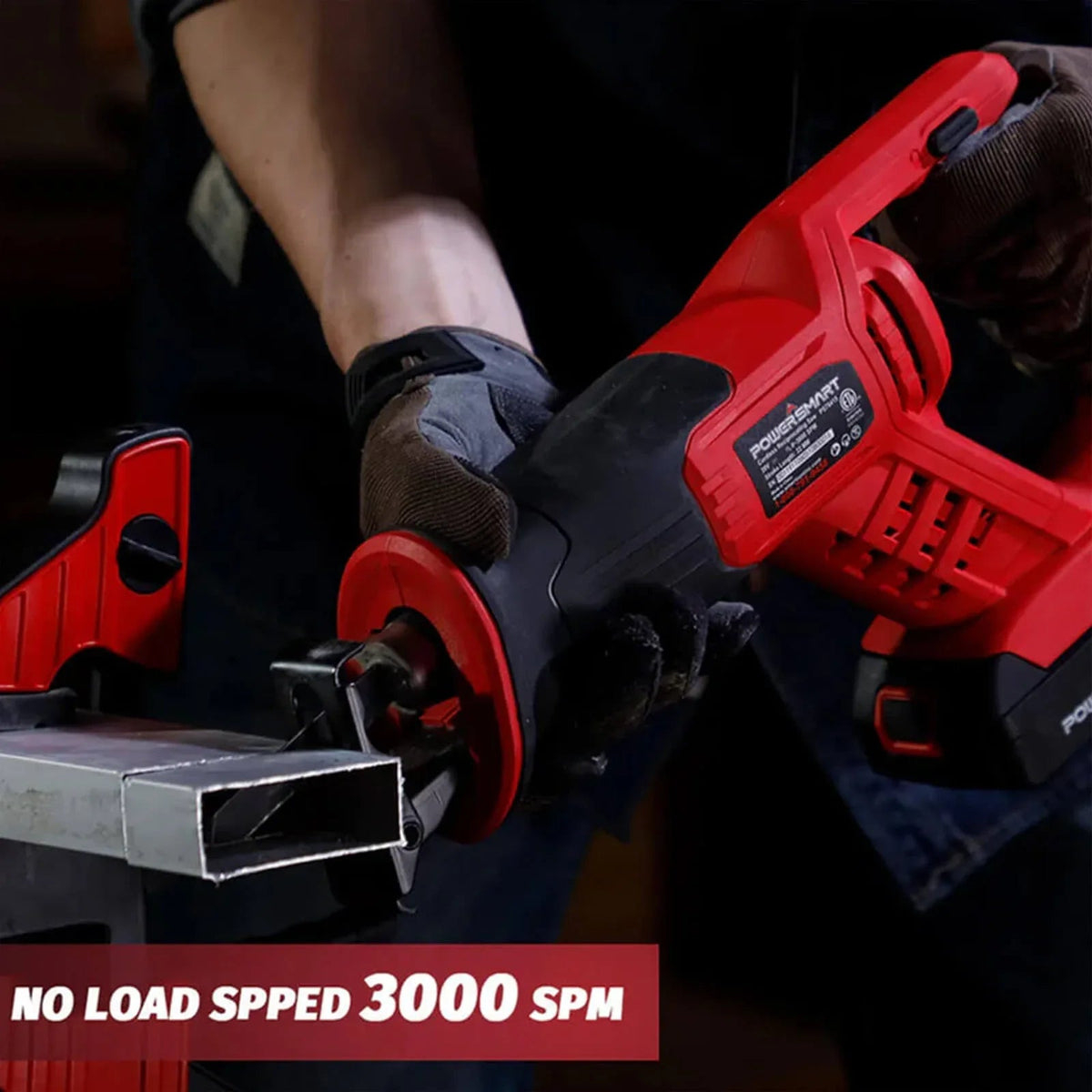 Reciprocating saw angled to show battery pack and blade attachment without blades.