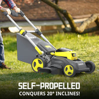 Side view of cordless lawn mower showing foldable design and battery compartment.