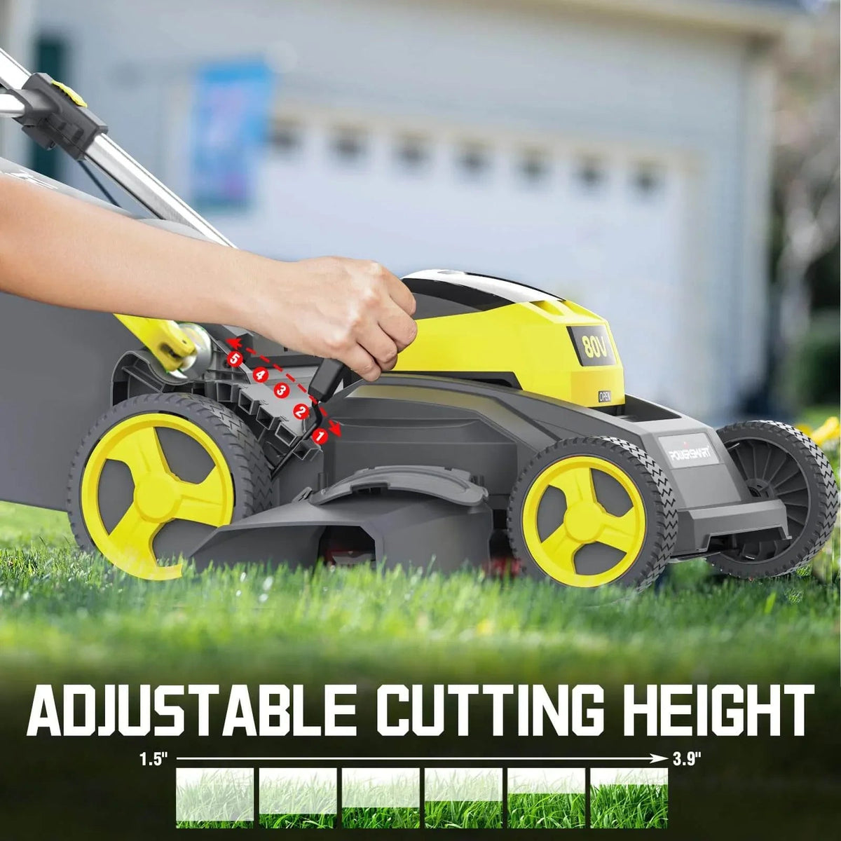 Battery pack and charger placed beside cordless lawn mower on a clean surface.
