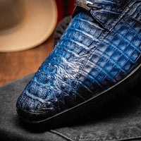 Ragusa navy caiman derby shoes styled with dark trousers, showing polished leather and stitching.